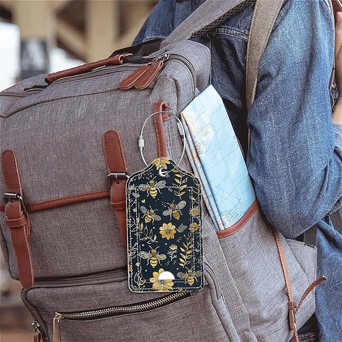 Funny PU Leather Luggage Tags 2-Pack Suitable for Suitcase Stainless Steel Loop and Address Card Essential with Cruise and Airport Travel Vintage Yellow Bee Floral Cute Pattern