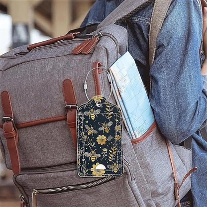 Funny PU Leather Luggage Tags 2-Pack Suitable for Suitcase Stainless Steel Loop and Address Card Essential with Cruise and Airport Travel Vintage Yellow Bee Floral Cute Pattern