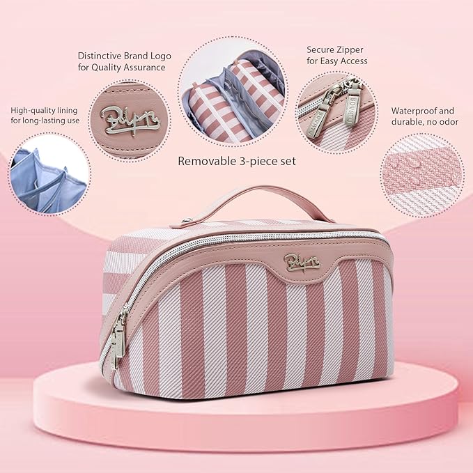 BOYATU Travel Makeup Bag for Women: Large Cosmetic Bag Set of 3 - PU Leather Make up Bag with Compartments - Compact Waterproof Toiletry Bag with Divider & Handle (B-1-Pink)