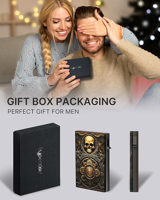 typecase Mens Wallet Card Holder: Pop Up Aluminum Case, Carbon Fiber Leather, Smart, RFID Blocking, Slim, Minimalist, Front Pocket - 9-14 Card Capacity | ID Window | Cash Slot (Skull)