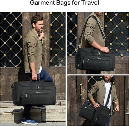 MILADA Convertible 2-in-1 Garment Duffel Weekender Bag Carry On Garment Bags for Travel Hanging Clothes Suit Bag Foldable Personal Item Business Overnight Bag with Shoe Compartment, Black