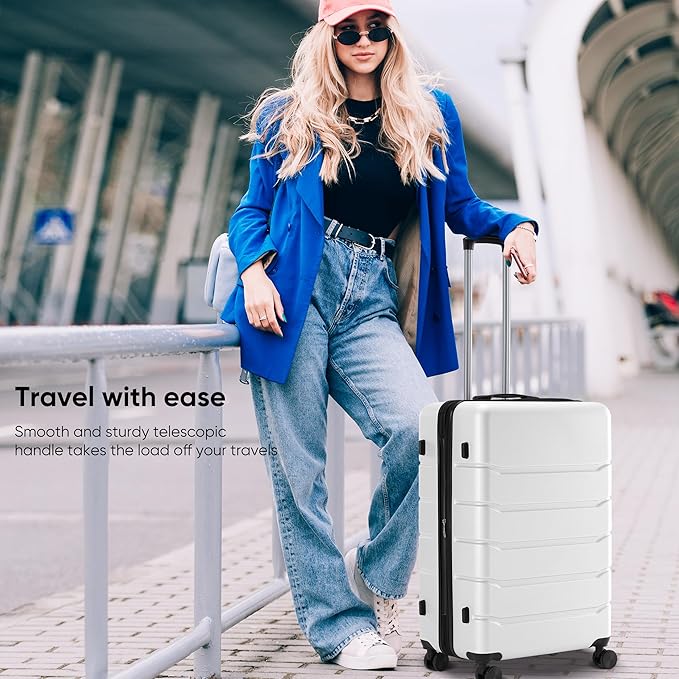 OLIXIS 24 Inch Luggage, Hardside Suitcase with Spinner Wheels, Lightweight ABS Hard Shell Checked Luggage, TSA Approved Lock, Expandable Medium Suitcase for Travel & Business–White