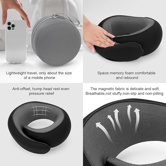 Travel Pillow for Airplane, Neck Pillow 100% Memory Foam with Comfortable Support for Long Flights, Cars, Trains Office & Home with Storage Box(Black)