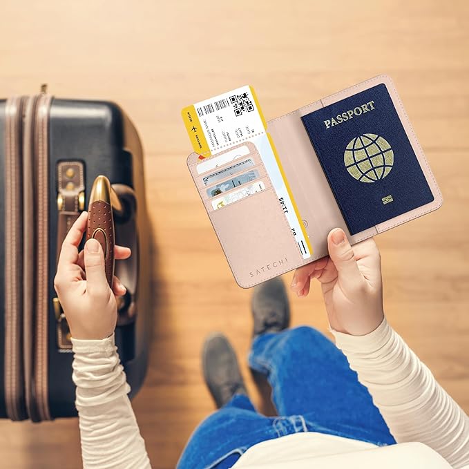 Satechi Passport Holder for Travel with Find My, Passport Cover with 4 Card Holder, Wireless Charging, and RFID protection – Travel Essential Vegan Leather Passport – Desert Rose