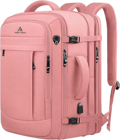 Travel Laptop Backpack for Women, 50L Expandable Extra Large Backpack,Carry On Backpack, Water Resistant Big Bag Anti-Theft Business Daypack Fits 17 Inch Laptop with USB Port, Pink