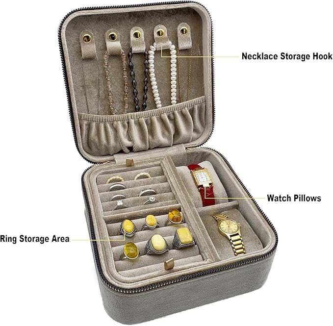 Large Velvet Travel Jewelry Organizer and Storage Case with Zipper Around,Jewelry Box (Champagne)