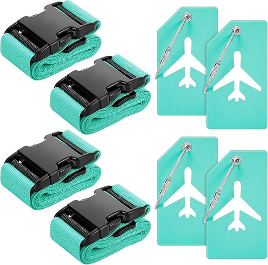 Weewooday 8 Pcs Luggage Straps Suitcase Tags Set for TSA Approved, 4 Travel Adjustable Suitcase Belt, 4 Silicone Luggage Tags with Name ID Card Travel Accessories(Turquoise,Airplane)