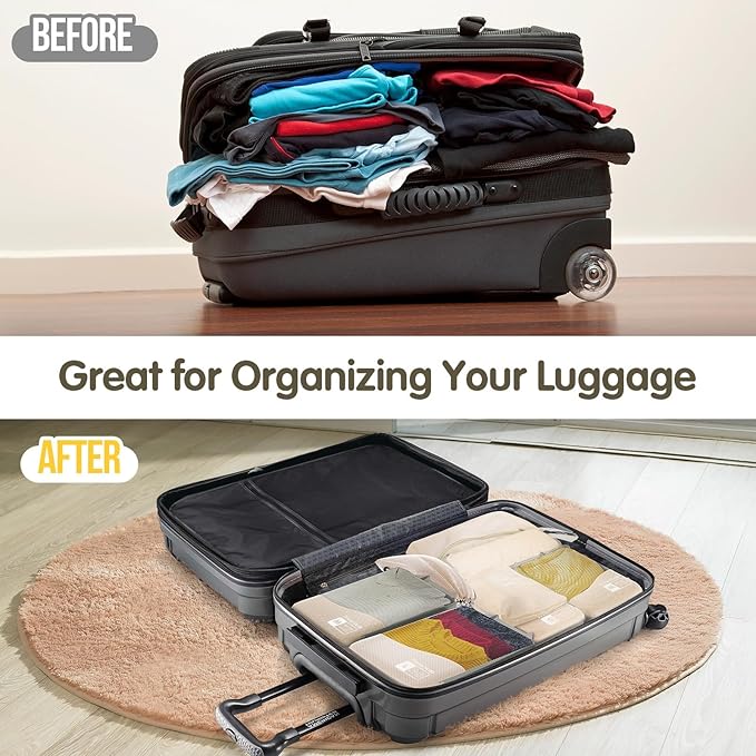 Compression Packing Cubes 8 Set, Dual Zipper Compression Packing Cubes for Travel, See-Through Mesh Packing Bags for Suitcases, packing cubes with shoe bag (Beige)