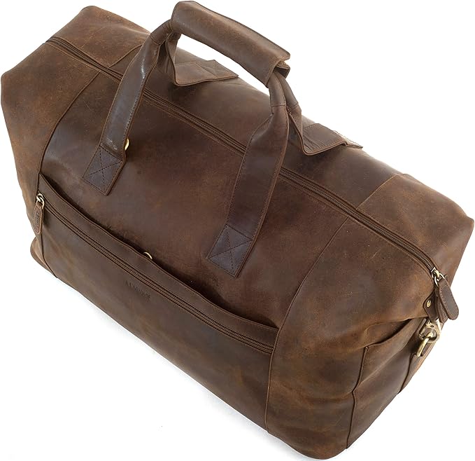 Leabags Leather Weekender | Genuine Leather Premium Travel Bag | 41L Sports Duffle Gym Training Airplane Bag | Large | Dark Brown Nature | for Women & Men