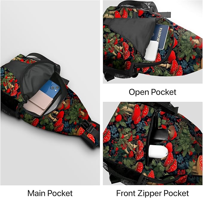 Mushroom Sling Bag Travel Sling Backpack Lightweight Casual Daypack Women Chest Bags for Outdoor Sport Climbing Runners (Red)