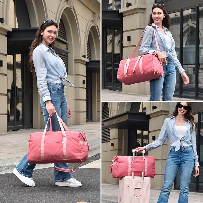 For Spirit Airlines Personal Item Bag 18x14x8, Foldable Small Travel Duffel Bags Gym Duffle Weekender Overnight Carry on Luggage Bag with Wet Pocket & Shoe Compartment for Women Men(Pink, 30L)