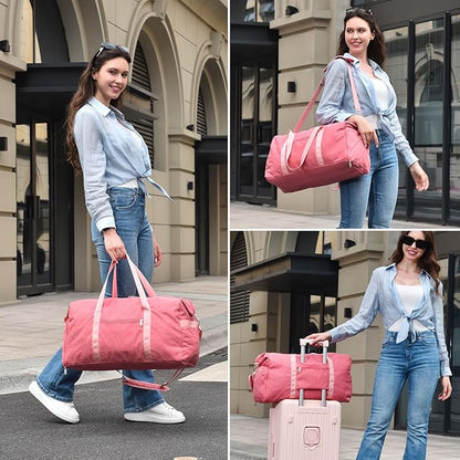 For Spirit Airlines Personal Item Bag 18x14x8, Foldable Small Travel Duffel Bags Gym Duffle Weekender Overnight Carry on Luggage Bag with Wet Pocket & Shoe Compartment for Women Men(Pink, 30L)