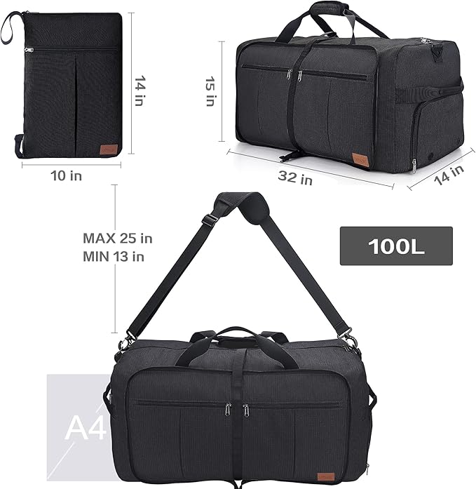 100L Travel Duffle Bag for Men, Urtala 32” Large Duffle Bag for Traveling with Shoe Compartment, Foldable Travel Duffel Bag Weekender Bag Gym Bag for Men Women Waterproof & Tear Resistant (Black)