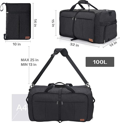 100L Travel Duffle Bag for Men, Urtala 32” Large Duffle Bag for Traveling with Shoe Compartment, Foldable Travel Duffel Bag Weekender Bag Gym Bag for Men Women Waterproof & Tear Resistant (Black)