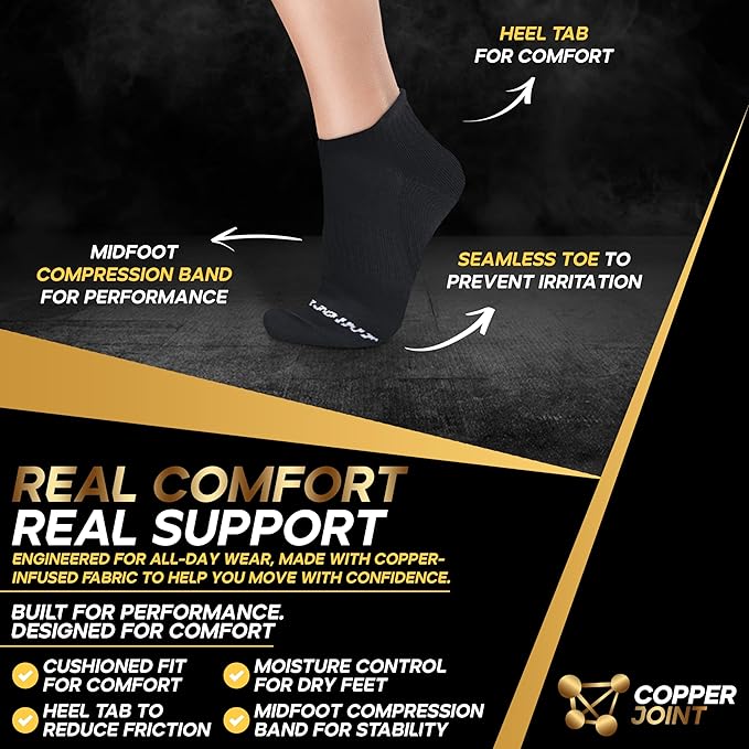 CopperJoint Black Ankle Compression Socks for Women- Breathable Copper Compression Socks Men, Low Cut Sock With Arch Support