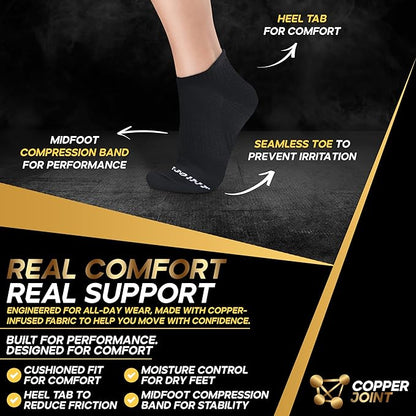 CopperJoint Black Ankle Compression Socks for Women- Breathable Copper Compression Socks Men, Low Cut Sock With Arch Support