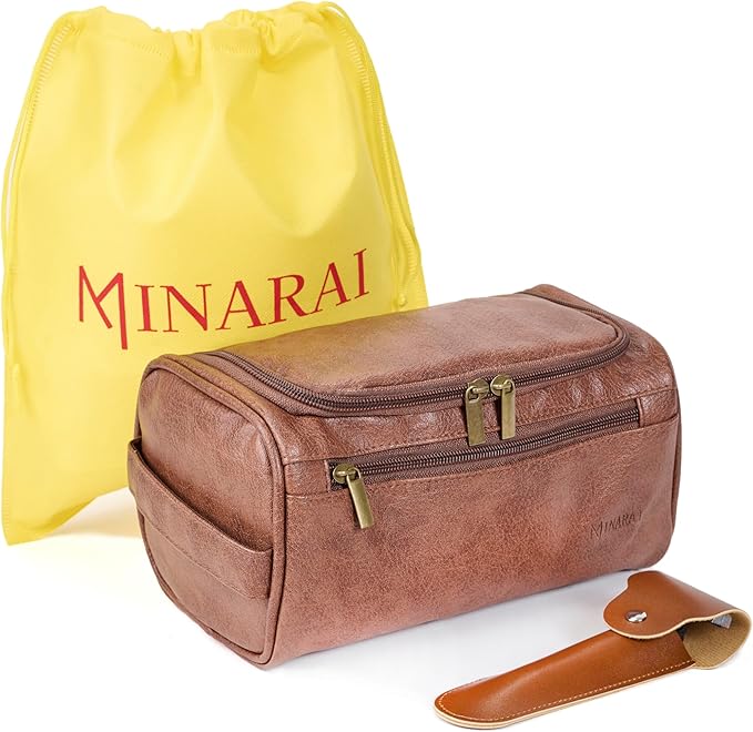 MINARAI Mens Toiletry Bag with Razor Case Included – Reinforced Stitching, Padded Panels, Holds Shape Trip After Trip, Ideal for Tight Hotel Sinks with Hook, Built for Men Who Travel Hard – BROWN