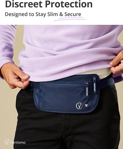 Vantamo Money Belt with RFID For Men & Women, Hidden Passport Holder for Travel, 2 Compartment Travel Fanny Pack for Women Anti Theft