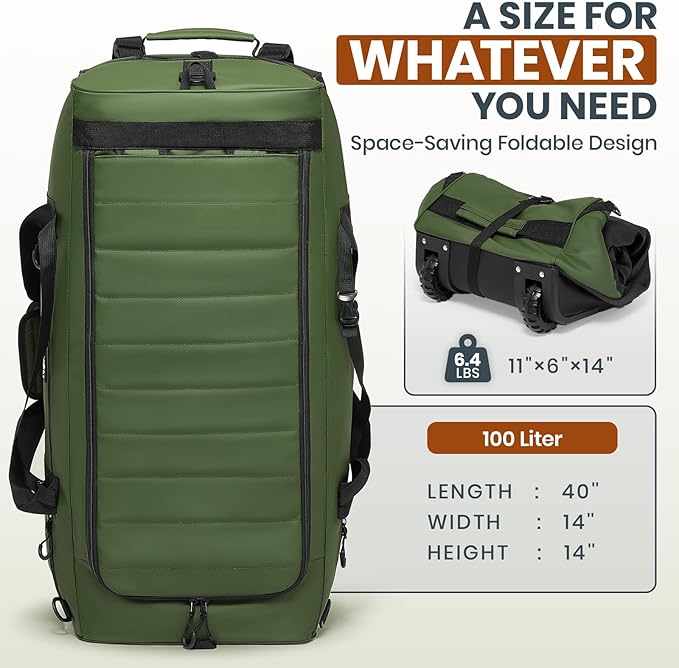 Fanwoli 30'' Rolling Duffel Bag with Wheels - No-Sag Design for Heavy Loads, 100L Waterproof Foldable Luggage w/Hidden Backpack Straps & Waist Support Compartment, Lightweight Travel & Gym