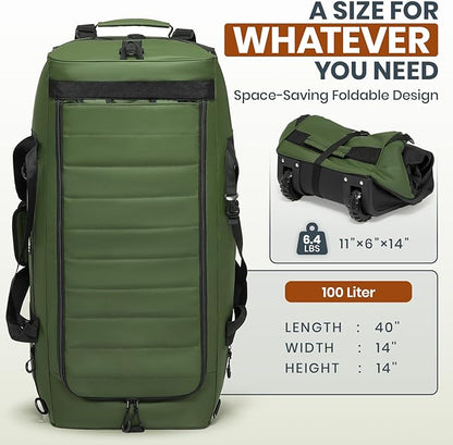 Fanwoli 30'' Rolling Duffel Bag with Wheels - No-Sag Design for Heavy Loads, 100L Waterproof Foldable Luggage w/Hidden Backpack Straps & Waist Support Compartment, Lightweight Travel & Gym