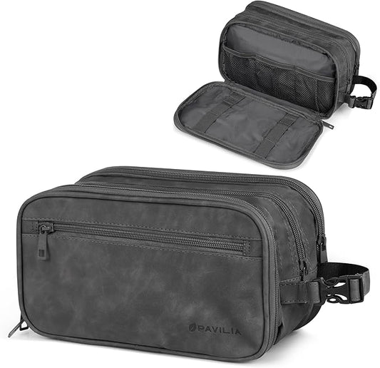 PAVILIA Toiletry Bag for Men, Travel Pouch Essentials Shaving Dopp Kit, Travel Bag Toiletries Organizer Case, Cosmetic Make Up Accessory, Water Resistant