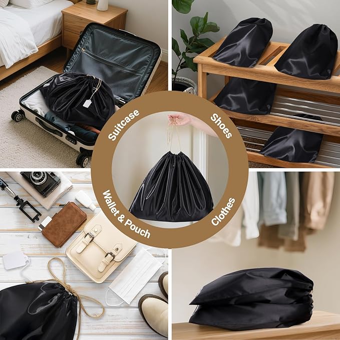 Ewen 7Pcs Dust Bags for Handbags, Silk Cloth Bag with Drawstring, 2Pack 11.8x15.7in Storage for Shoes, 2Pcs 19.6x15.7in Dust Bag, Pack of 3 23.6x19.6in Bags for Purse, Black Satin Travel Storage Pouch