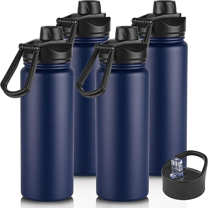 24oz Insulated Water Bottle with Straw Lid, Stainless Steel Metal Water Bottle with Straw & Wide Mouth Lid, Double Wall Vacuum Water Bottle for Hiking Camping, Navy 4 Pack