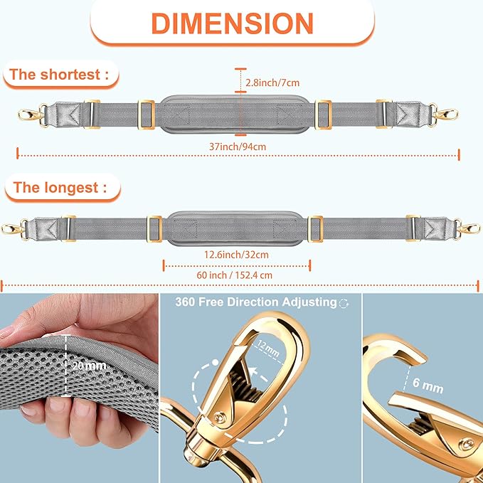 ZINZ 60" Universal Bag Strap with Ultra-Thick Fixed Breathable Pad Adjustable Heavy-Duty Shoulder Strap for Laptop Bag Crossbody Luggage Gym Bag Camera Bag and More -Gray