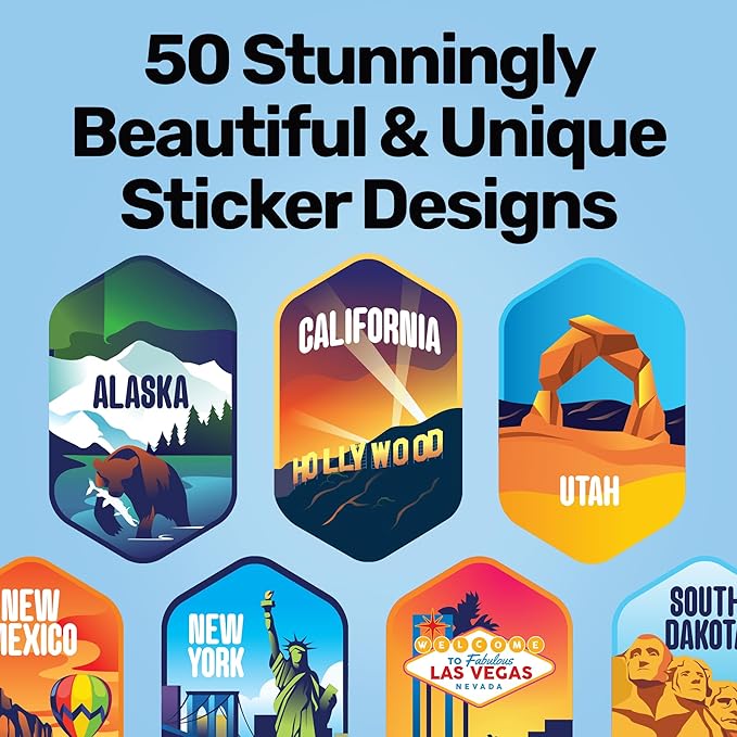 LET'S WANDER 50 States Water Bottle with Waterproof Stickers - 32oz Leakproof Insulated Stainless Steel with Straw - States of the USA Gift Bottle (Black)