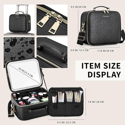 Travel Makeup Bag with LED Mirror, Portable Cosmetic Case Organizer with Lighted Mirror, Waterproof Makeup Case for Cosmetic Brush Holder Storage, Black Toiletry Bag for Women Gift