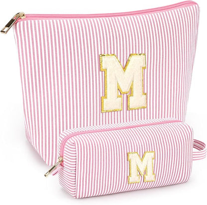 mibasies 2 PCS Initial Makeup Bags: Mothers Day Gifts for Women - Best Friend Birthday Gifts Graduation Gifts Wedding Bridesmaid Girlfriend Wife Daughter Sister Girl Gifts - Light Pink M