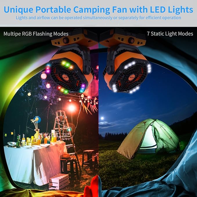 20000mAh Camping Fan Oscillating Portable Fan Battery Powered Fans Rechargeable Camping essentials with Light Hook, 270° Pivot USB Desk Battery Operated Outdoor Tent Travel