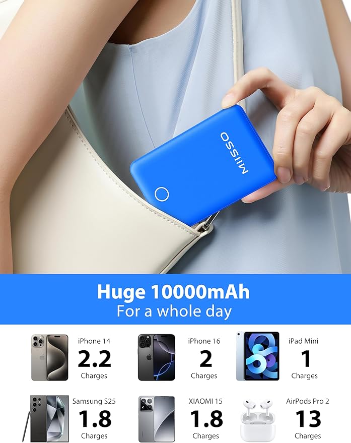 miisso 10000mAh Compatible with iPhone 15/16/17 and Android, Slim Portable Charger with Built in Cable, Power Bank Travel Charger External Battery Pack for Phone, 3 Output USB Type C Cord, Deep Blue