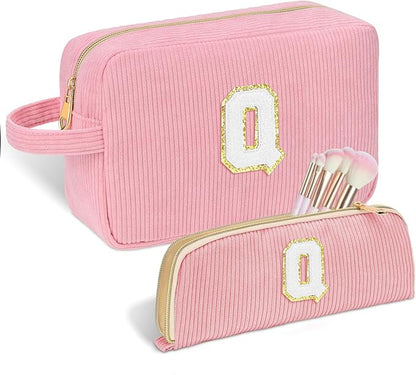Personalized Initial Makeup Bag Trendy Stuff Corduroy Cosmetic Bag Travel Toiletry Bag for Women, Christmas/Thanksgiving/Halloween Gifts Makeup Organizer Case for Teen Girls Mom Girlfriend Wife - Pink