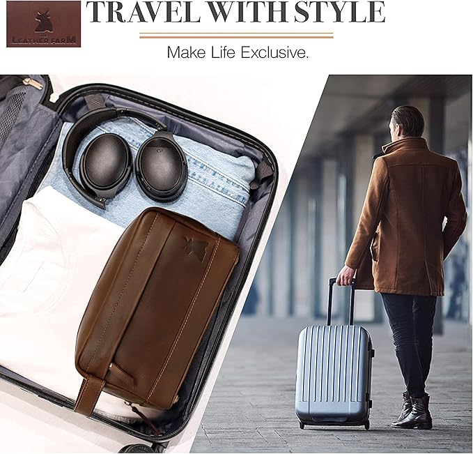 Leather Farm Premium Buffalo Leather Toiletry Bag for Men & Women - Dopp Kit With Water Resistant Lining, Shaving Pouch, Unisex Wash Bag For Toiletries, Gifts For Men and Women - Dark Brown