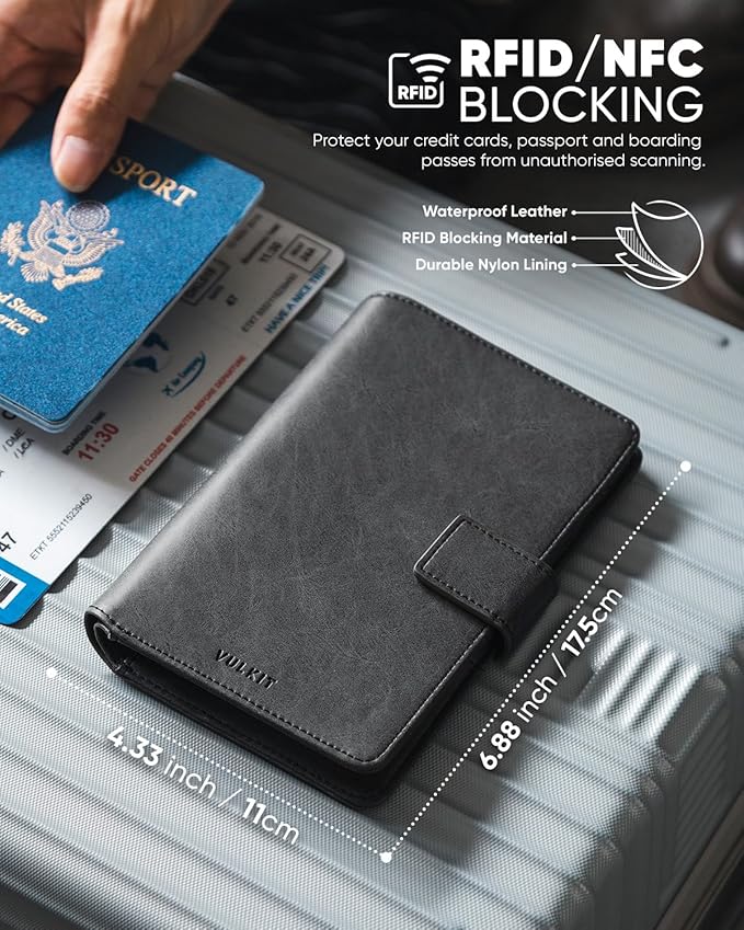 VULKIT Passport Holder with Airtag Holder RFID Blocking Passport Wallet Travel Leather Passport for Women(Dark Grey)