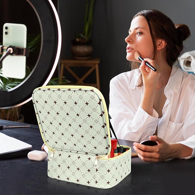 Travel Makeup Bag With 360° rotating LED Mirror,Waterproof cosmetic organizer,Portability Cosmetic case,Makeup organizer,Gift for Women,Girls Gift (Green+Yello)