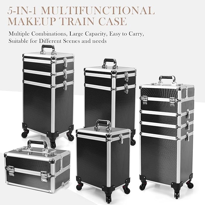 5 in 1 Professional Makeup Train Case Aluminum Cosmetic Case Rolling Makeup Case ExtraLarge Storage Organizer with Key Swivel Wheels Salon Barber Case for Make Up Nail Hairstylists, Black