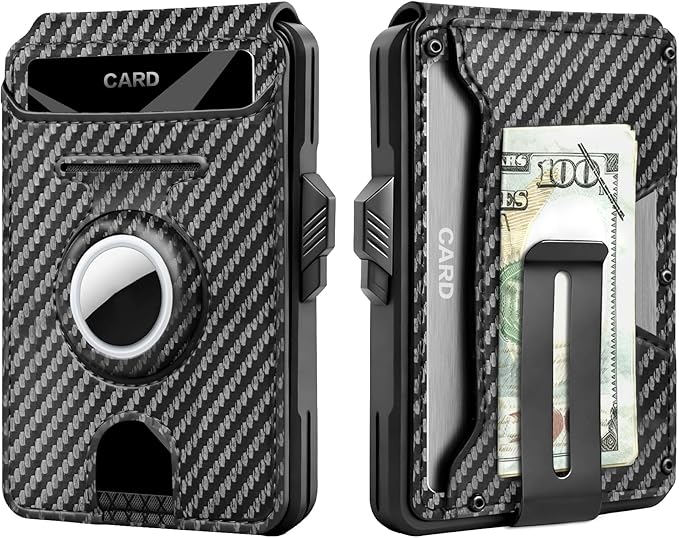 Men's RFID Wallet for AirTag - Brushed Metal Pop Up Card Holder, Slim Front Pocket Compact Bifold Wallet with ID Window Money Clip, Holds 9-11 Cards, Gift for Men