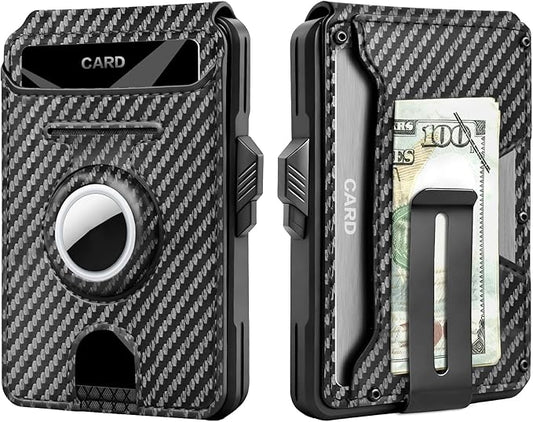 Men's RFID Wallet for AirTag - Brushed Metal Pop Up Card Holder, Slim Front Pocket Compact Bifold Wallet with ID Window Money Clip, Holds 9-11 Cards, Gift for Men