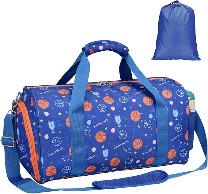 Bagseri Travel Duffle Bag Boys - Waterproof Kids Gym Sports Bag for Overnight Sleepover Bag with Shoe Compartment and Dry Wet Separation Pockets (Blue Basketball)