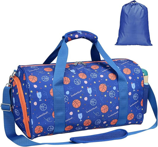 Bagseri Travel Duffle Bag Boys - Waterproof Kids Gym Sports Bag for Overnight Sleepover Bag with Shoe Compartment and Dry Wet Separation Pockets (Blue Basketball)