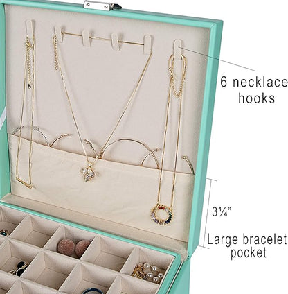 Frebeauty Earring Organizer Classic Jewelry Box 50 Slots Double Layer Jewelry Storage Case with 6 Necklace Hook and Bracelet Pocket(Turquoise)