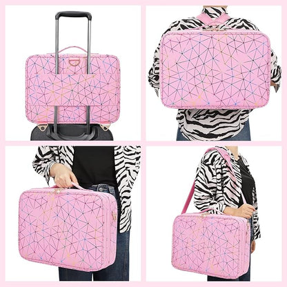 MONSTINA Professional Makeup Case Bag|3 Layers Large Capacity Cosmetic Organizer Brush Bag,Barber Train Case Makeup Artist Box,PU Leather Stylish Geometric Reflection Patterns Pink
