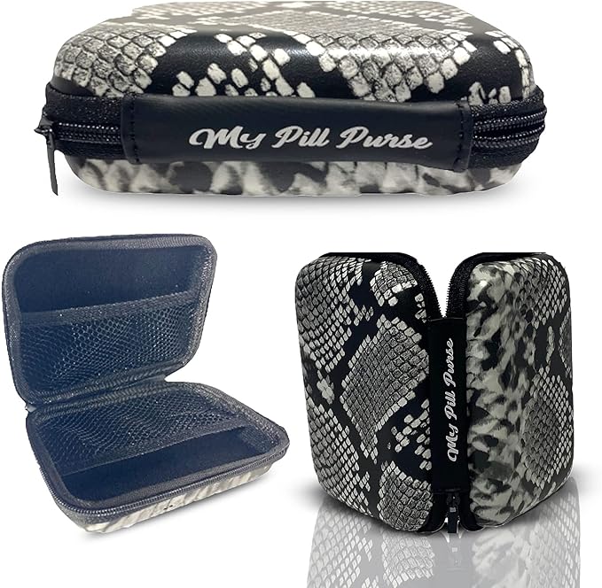 Am Pm Pill Organizer 7 Day Black/White Faux Snake Skin Medicine Storage Case Size 5.5 X 4 X 1.75 in. Med Wallet 14 Reusable Small Pill Baggies 3x4 in. Pill Pouches for Medicine, Days of The Week