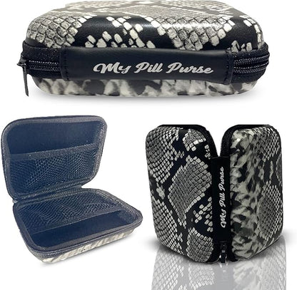 Am Pm Pill Organizer 7 Day Black/White Faux Snake Skin Medicine Storage Case Size 5.5 X 4 X 1.75 in. Med Wallet 14 Reusable Small Pill Baggies 3x4 in. Pill Pouches for Medicine, Days of The Week