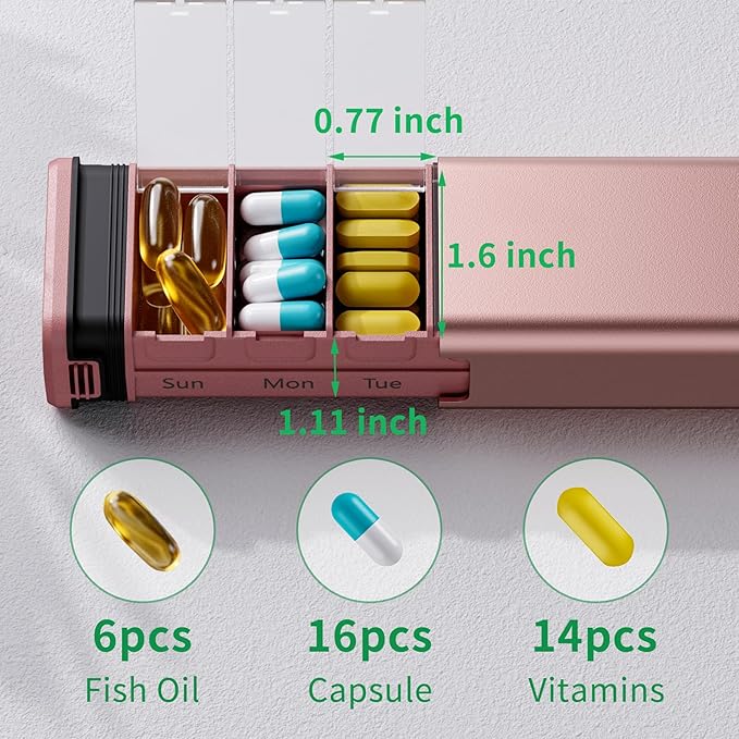 7 Day Weekly Metal Pill Organizer for Travel, Kursoaya Premium Aluminum Daily Pill Box, Cute Portable Pill Case, Large Capacity Pill Holder for Supplements, Pills, Vitamins, Medicine