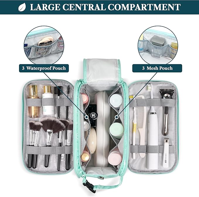 PAVILIA Toiletry Bag for Men Women, Mens Travel Bag Toiletries Organizer Case for Grooming, Travel Essentials Shaving Dopp Kit, PU Leather Water Resistant Cosmetic Pouch, Teal Chevron