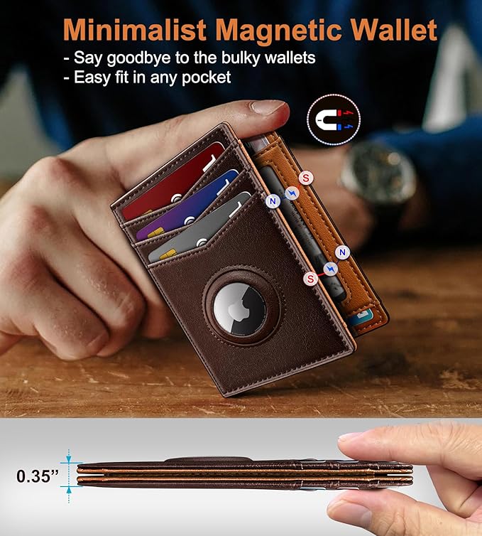Airtag Slim Leather Wallet for Men - 12-Card Capacity, Magnetic Closure, Money Clip & Simplified Bill Compartment, RFID Blocking (4.3" x 3.0") | Gift Boxed