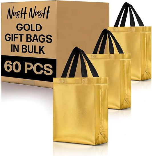 Nush Nush Set of 60 Shiny Gold Gift Bags Bulk - Medium Size Gold Reusable Gift Bags with Handles - For Christmas, Business, Bachelorette, Bridesmaids, Birthday Goodies and Party Favors - 8Wx4Dx10H